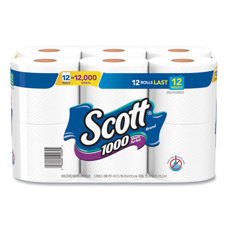 Scott - Toilet Paper, Septic Safe, 1-Ply, White, 1,000 Sheets/Roll, 12 Rolls/Pack, 4 Pack/Carton