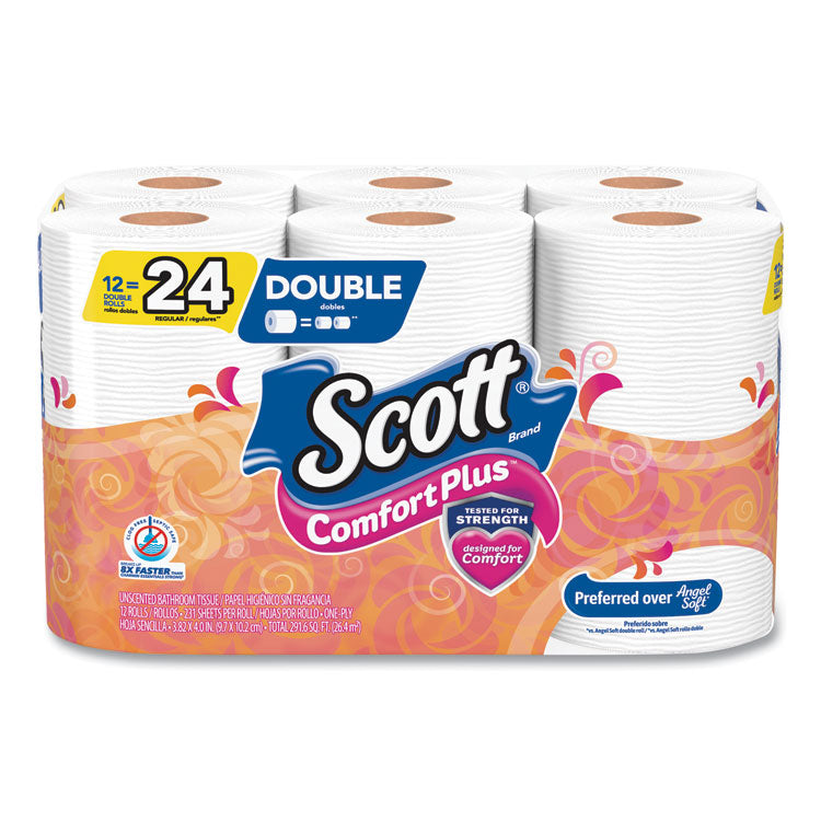 Scott - ComfortPlus Toilet Paper, Double Roll, Bath Tissue, Septic Safe, 1-Ply, White, 231 Sheets/Roll, 12 Rolls/Pack, 4 Packs/Carton
