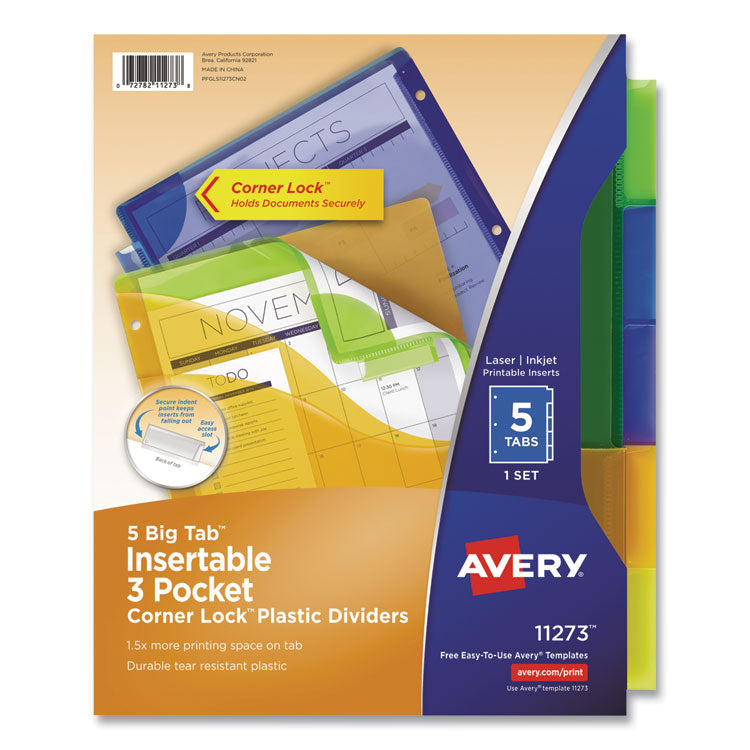 Avery - Insertable Big Tab Plastic Three-Pocket Corner Lock Dividers, 5-Tab, 11.13 x 9.25, Assorted, 1 Set