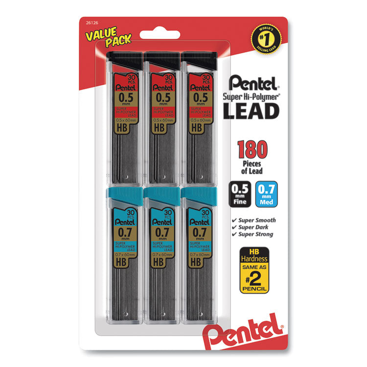 Pentel - Super Hi-Polymer Lead Refill Value Pack, 0.5 mm; 0.7 mm, HB, Black, 30/Tube, 6 Tubes/Pack