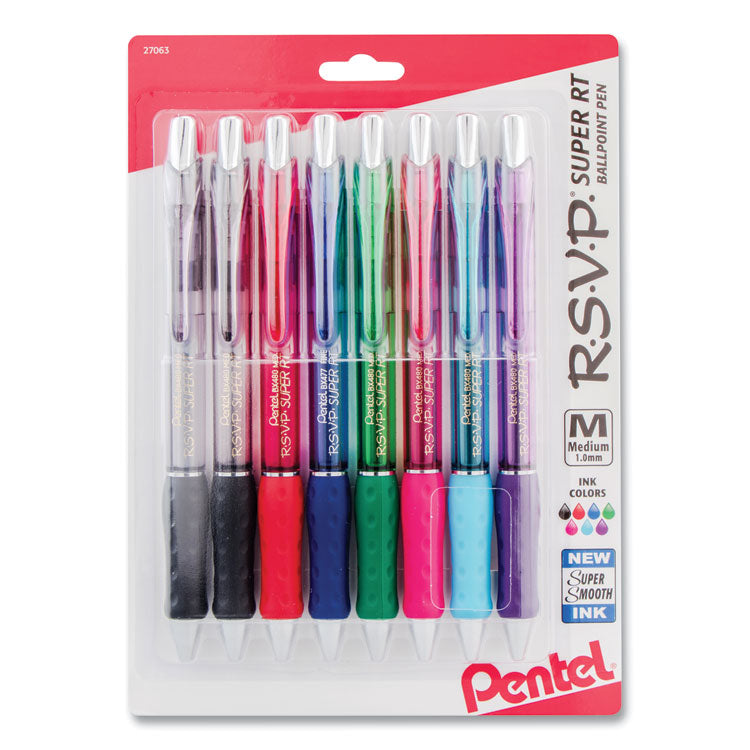 Pentel - R.S.V.P. Super RT Ballpoint Pen, Retractable, Medium 1 mm, Assorted Ink and Barrel Colors, 8/Pack