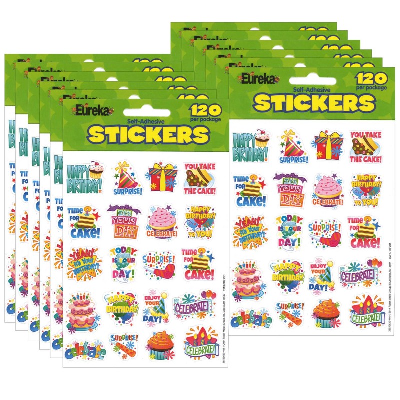 EUREKA - Birthday Theme Stickers, 120 Per Pack, 12 Packs