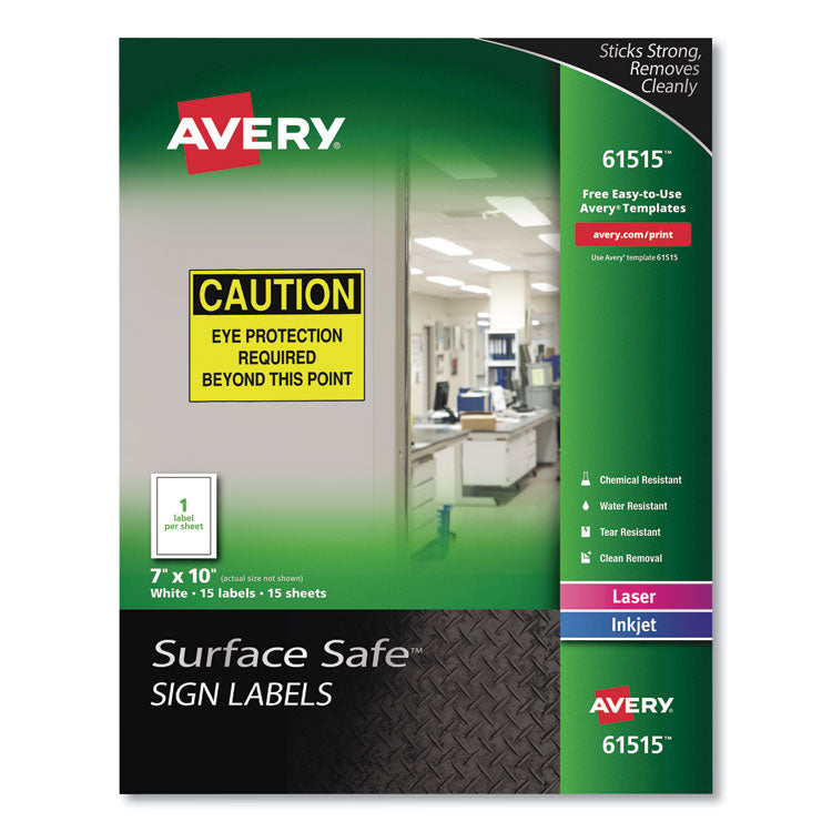 Avery - Surface Safe Removable Label Safety Signs, Inkjet/Laser Printers, 7 x 10, White, 15/Pack