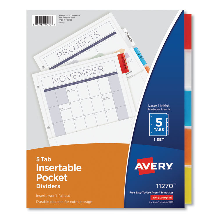 Avery - Insertable Dividers w/Single Pockets, 5-Tab, 11 1/4 x 9 1/8