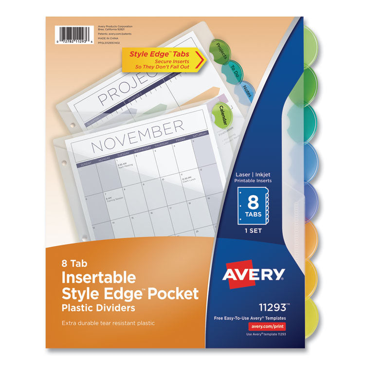 Avery - Insertable Style Edge Tab Plastic 1-Pocket Dividers, 8-Tab, 11.25 x 9.25, Translucent, 1 Set