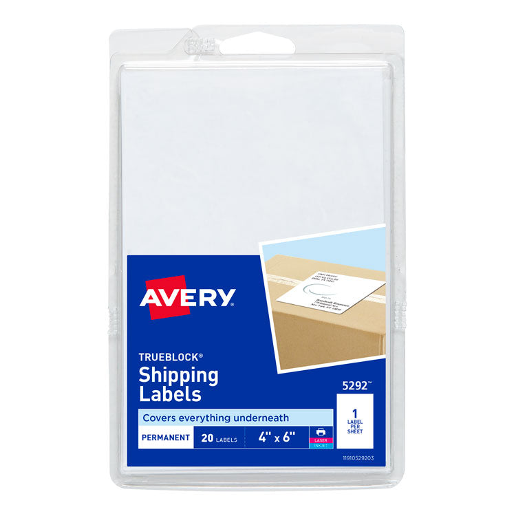 Avery - 4 x 6 Shipping Labels with TrueBlock Technology, Inkjet/Laser Printers, 4 x 6, White, 20/Pack