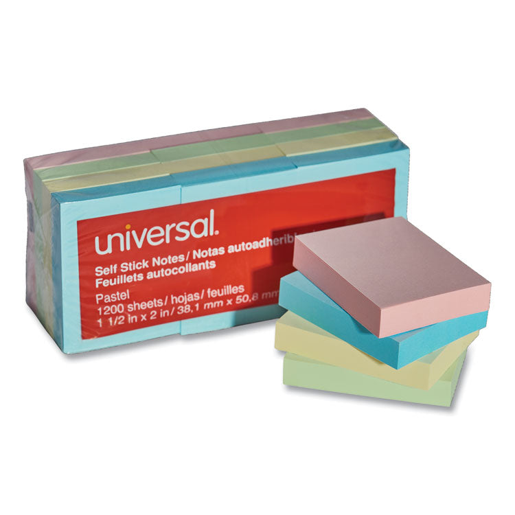 Universal - Self-Stick Note Pads, 1.5" x 2", Assorted Pastel Colors, 100 Sheets/Pad, 12 Pads/Pack