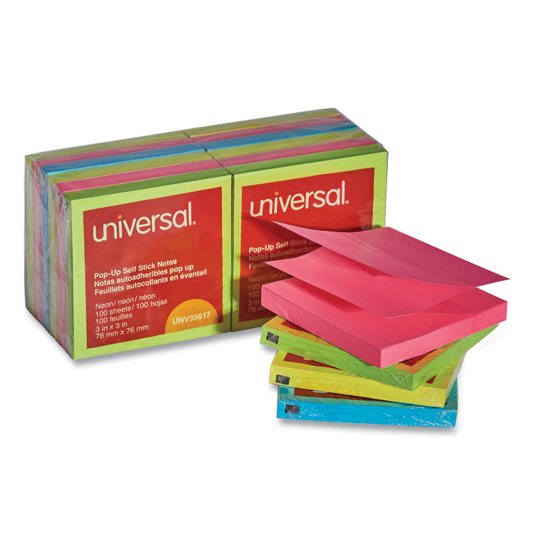 Universal - Fan-Folded Self-Stick Pop-Up Note Pads, 3" x 3", Assorted Neon Colors, 100 Sheets/Pad, 12 Pads/Pack