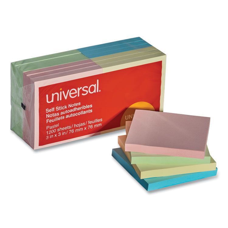 Universal - Self-Stick Note Pads, 3" x 3", Assorted Pastel Colors, 100 Sheets/Pad, 12 Pads/Pack