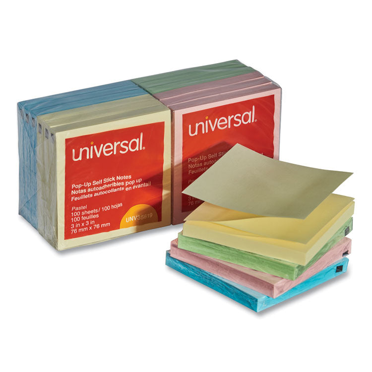 Universal - Fan-Folded Self-Stick Pop-Up Note Pads, 3" x 3", Assorted Pastel Colors, 100 Sheets/Pad, 12 Pads/Pack