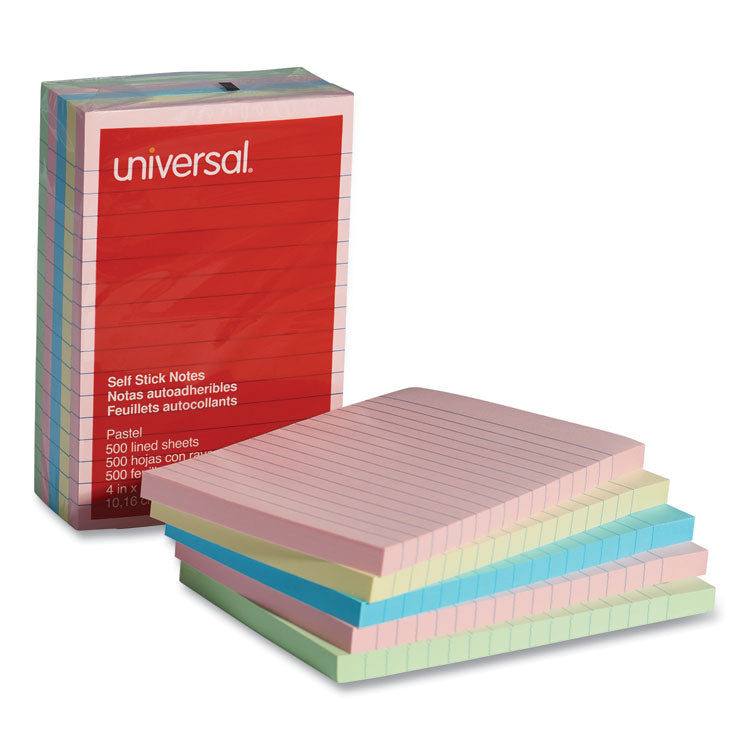 Universal - Self-Stick Note Pads, Note Ruled, 4" x 6", Assorted Pastel Colors, 100 Sheets/Pad, 5 Pads/Pack