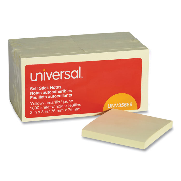 Universal - Self-Stick Note Pad Value Pack, 3" x 3", Yellow, 100 Sheets/Pad, 18 Pads/Pack