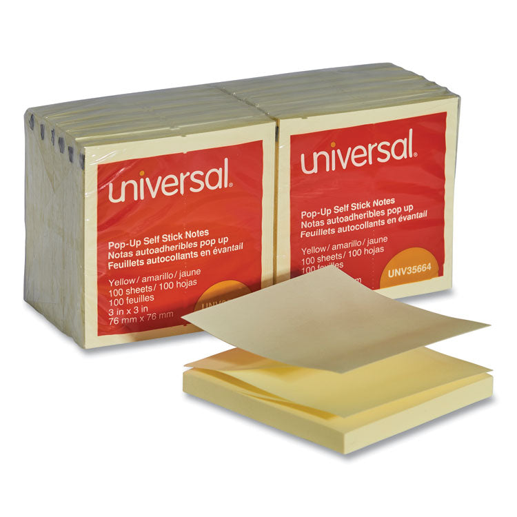 Universal - Fan-Folded Self-Stick Pop-Up Note Pads, 3" x 3", Yellow, 100 Sheets/Pad, 12 Pads/Pack