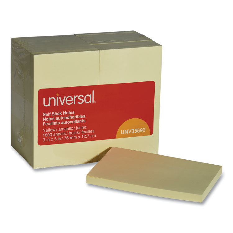 Universal - Self-Stick Note Pad Value Pack, 3" x 5", Yellow, 100 Sheets/Pad, 18 Pads/Pack