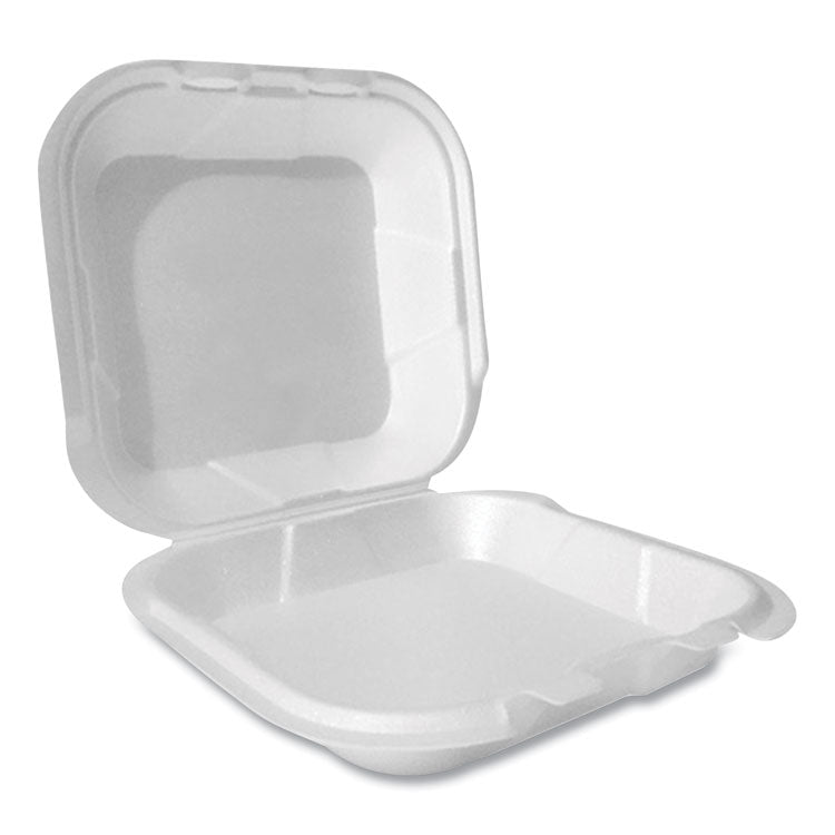 Plastifar - Foam Hinged Lid Container, Secure Two Tab Latch, Poly Bag, 8 x 8.56 x 2.76, White, 100/Sleeve, 2 Sleeves/Bag, 1 Bag/Pack