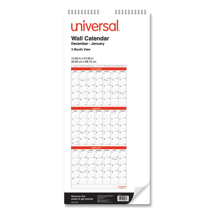 Universal - Three-Month Wall Calendar, 12 x 27, White/Black/Red Sheets, 14-Month, Dec 2023 to Jan 2025