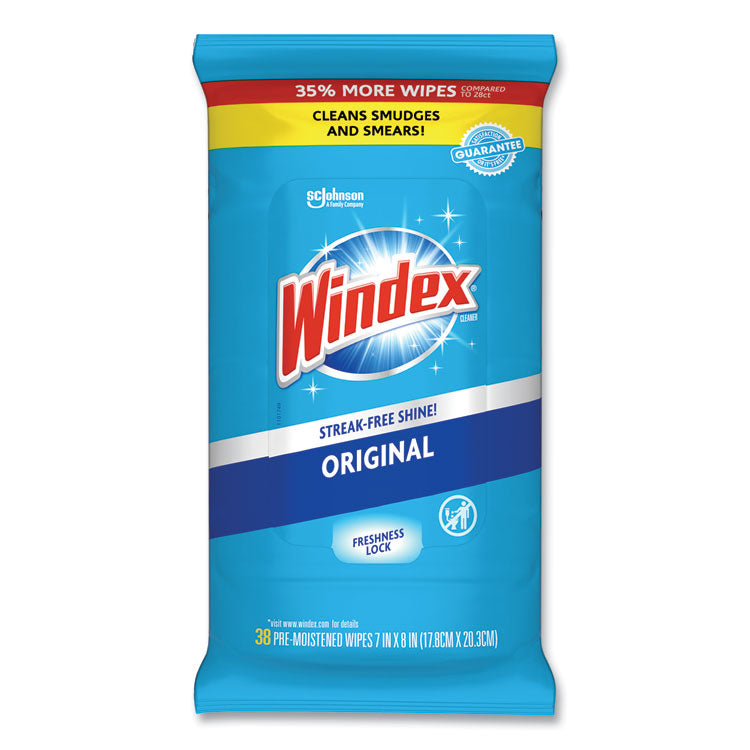 Windex - Glass and Surface Wet Wipe, Cloth, 7 x 8, Unscented, White, 38/Pack