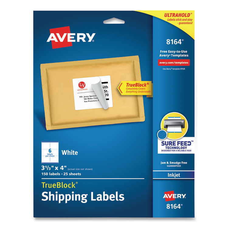 Avery - Shipping Labels w/ TrueBlock Technology, Inkjet Printers, 3.33 x 4, White, 6/Sheet, 25 Sheets/Pack