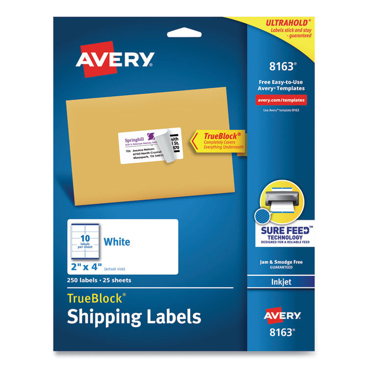 Avery - Shipping Labels w/ TrueBlock Technology, Inkjet Printers, 2 x 4, White, 10/Sheet, 25 Sheets/Pack