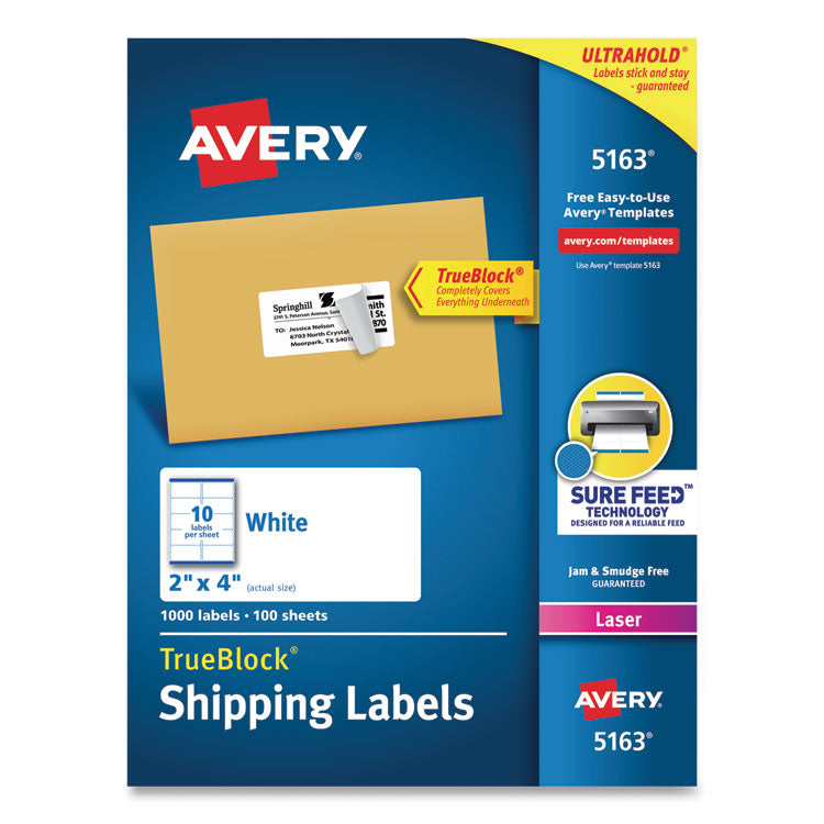 Avery - Shipping Labels w/ TrueBlock Technology, Laser Printers, 2 x 4, White, 10/Sheet, 100 Sheets/Box