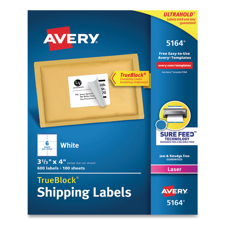 Avery - Shipping Labels w/ TrueBlock Technology, Laser Printers, 3.33 x 4, White, 6/Sheet, 100 Sheets/Box