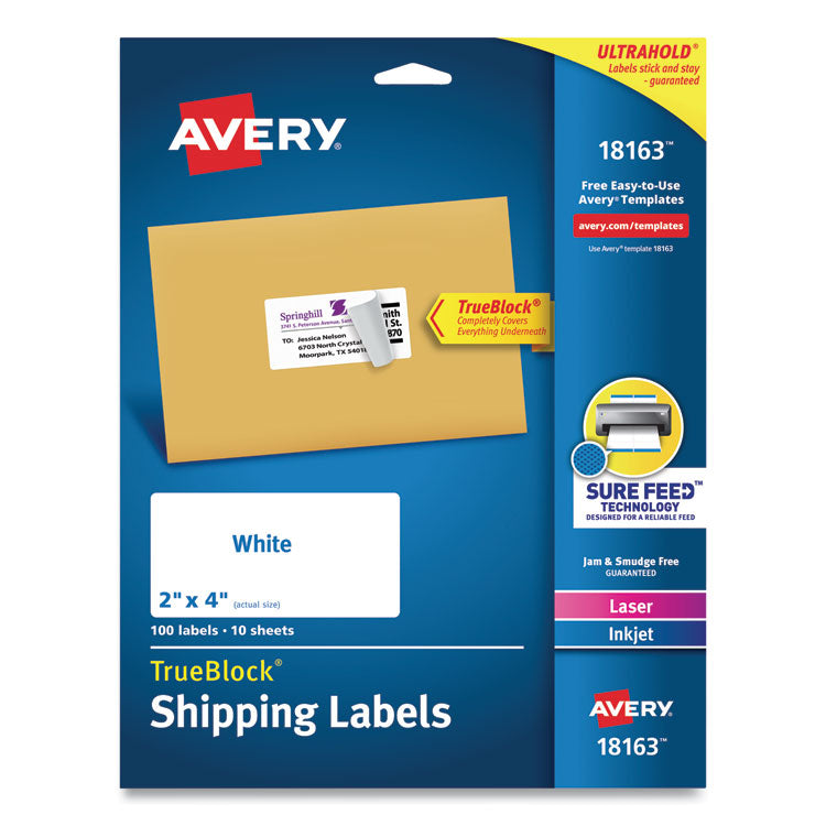 Avery - Shipping Labels w/ TrueBlock Technology, Inkjet Printers, 2 x 4, White, 10/Sheet, 10 Sheets/Pack