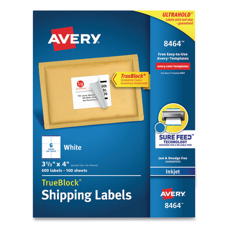 Avery - Shipping Labels w/ TrueBlock Technology, Inkjet Printers, 3.33 x 4, White, 6/Sheet, 100 Sheets/Box