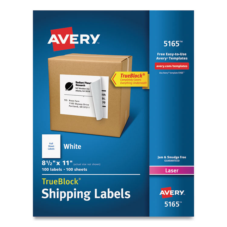 Avery - Shipping Labels with TrueBlock Technology, Laser Printers, 8.5 x 11, White, 100/Box