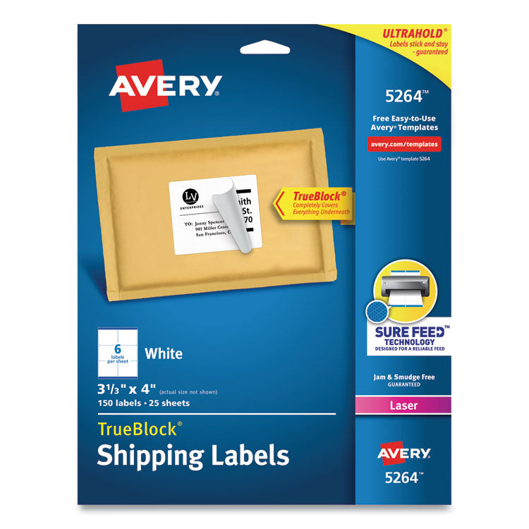 Avery - Shipping Labels w/ TrueBlock Technology, Laser Printers, 3.33 x 4, White, 6/Sheet, 25 Sheets/Pack