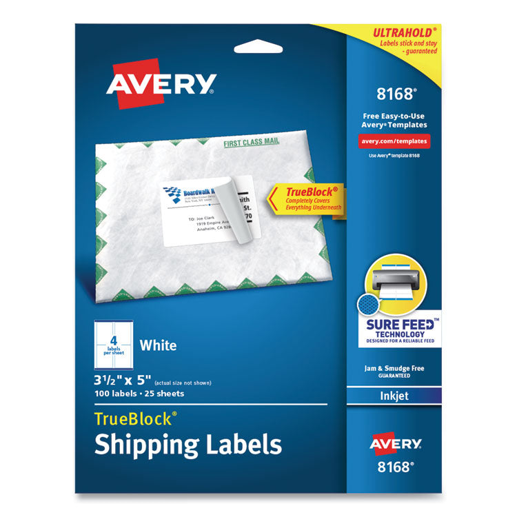 Avery - Shipping Labels w/ TrueBlock Technology, Inkjet Printers, 3.5 x 5, White, 4/Sheet, 25 Sheets/Pack