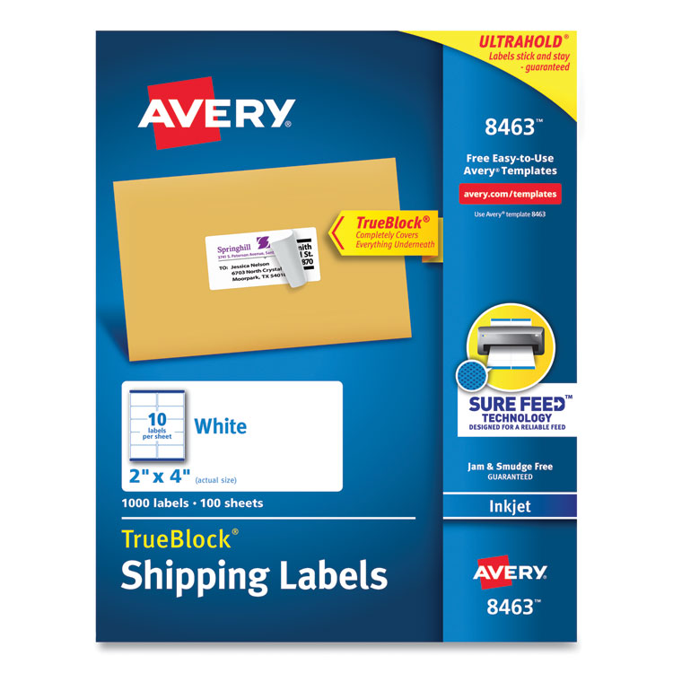 Avery - Shipping Labels w/ TrueBlock Technology, Inkjet Printers, 2 x 4, White, 10/Sheet, 100 Sheets/Box