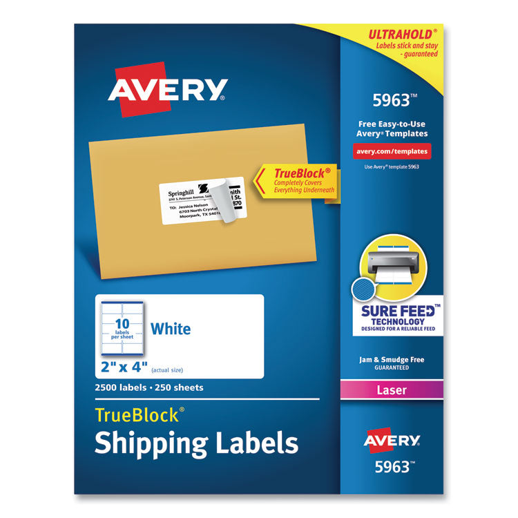 Avery - Shipping Labels w/ TrueBlock Technology, Laser Printers, 2 x 4, White, 10/Sheet, 250 Sheets/Box