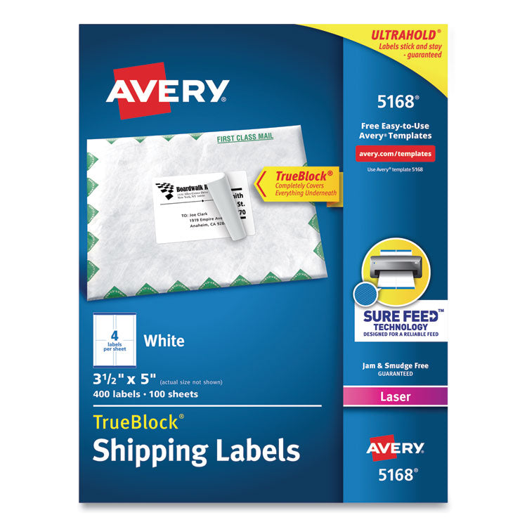 Avery - Shipping Labels w/ TrueBlock Technology, Laser Printers, 3.5 x 5, White, 4/Sheet, 100 Sheets/Box