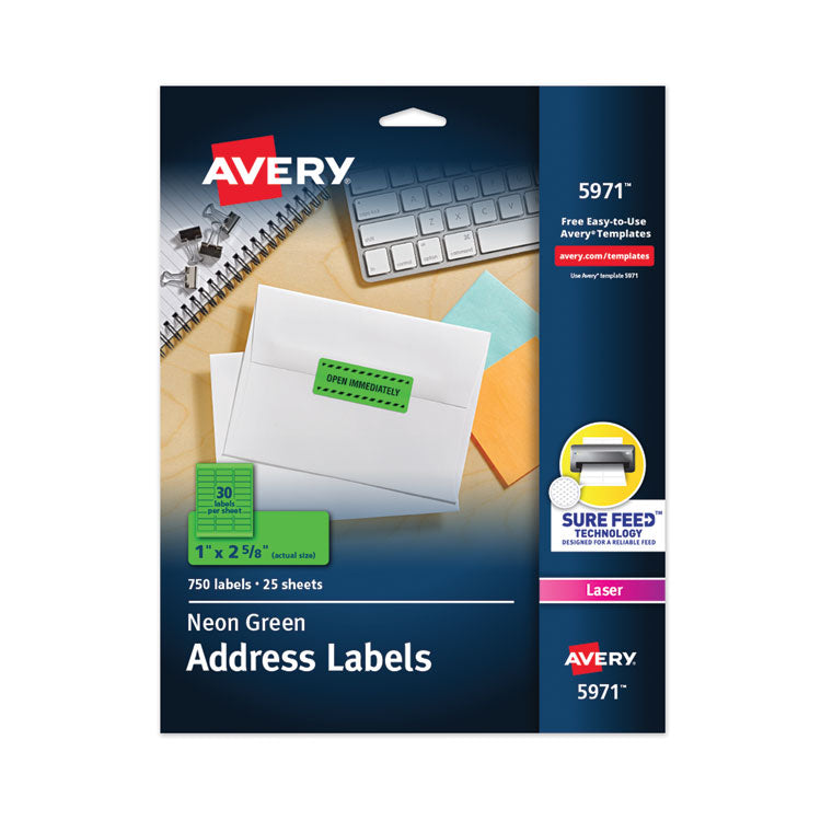 Avery - High-Visibility Permanent Laser ID Labels, 1 x 2 5/8, Neon Green, 750/Pack