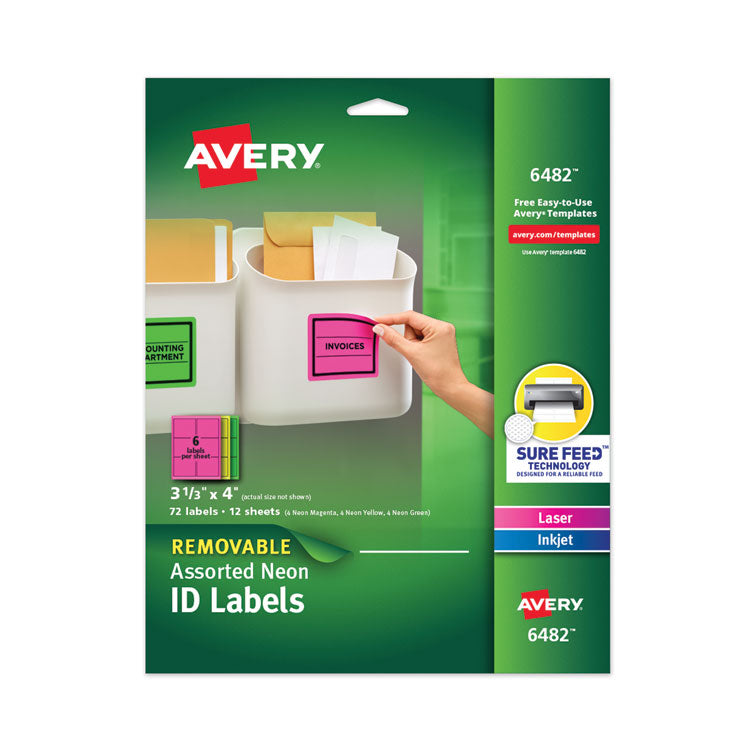 Avery - High-Vis Removable Laser/Inkjet ID Labels w/ Sure Feed, 3 1/3 x 4, Neon, 72/PK