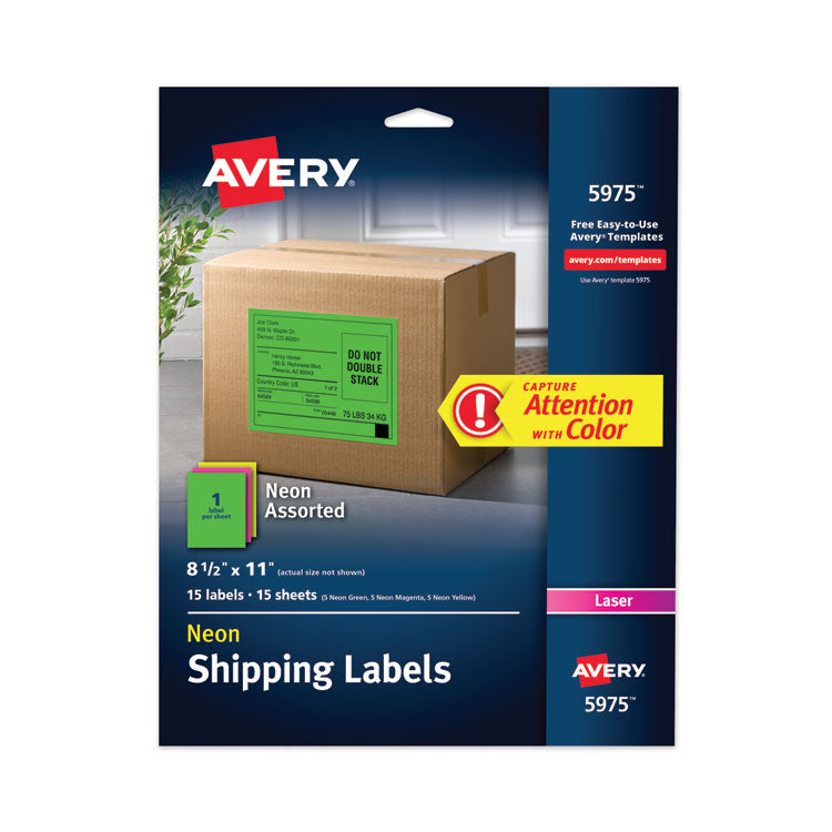 Avery - High-Visibility Permanent Laser ID Labels, 8.5 x 11, Asst. Neon, 15/Pack