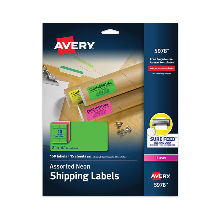 Avery - High-Visibility Permanent Laser ID Labels, 2 x 4, Asst. Neon, 150/Pack