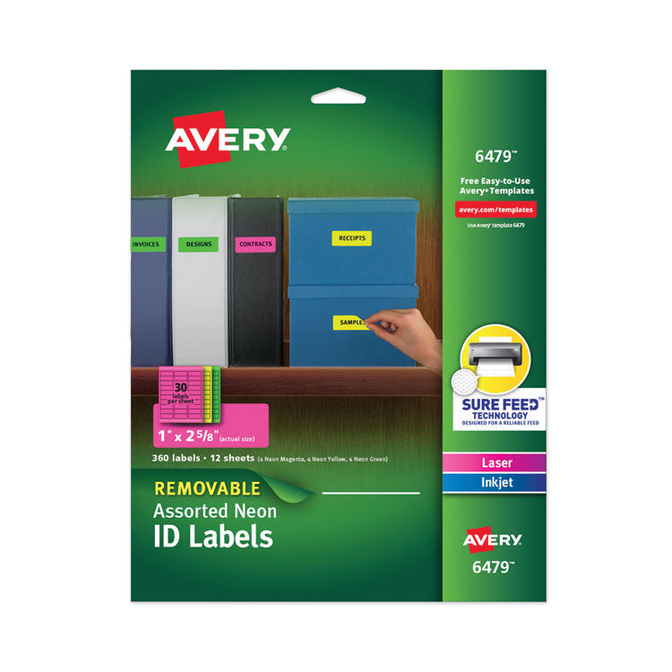 Avery - High-Vis Removable Laser/Inkjet ID Labels w/ Sure Feed, 1 x 2 5/8, Neon, 360/PK