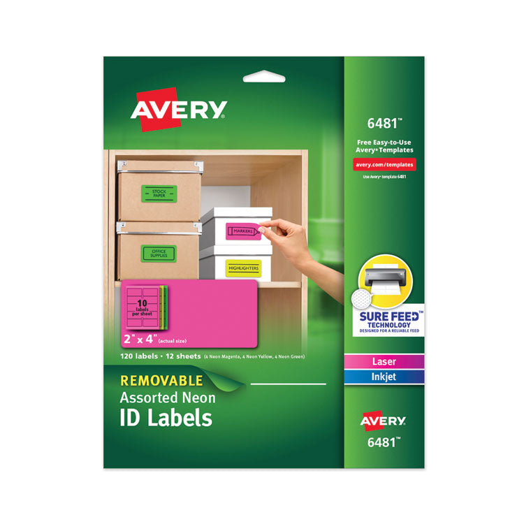 Avery - High-Vis Removable Laser/Inkjet ID Labels, 2 x 4, Asst. Neon, 120/Pack