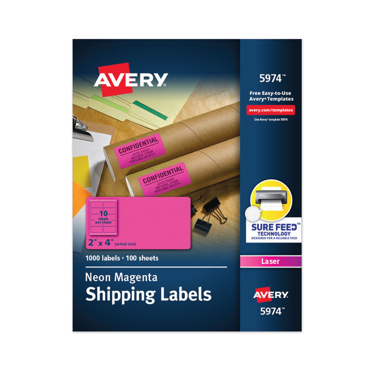 Avery - High-Visibility Permanent Laser ID Labels, 2 x 4, Neon Magenta, 1000/Box