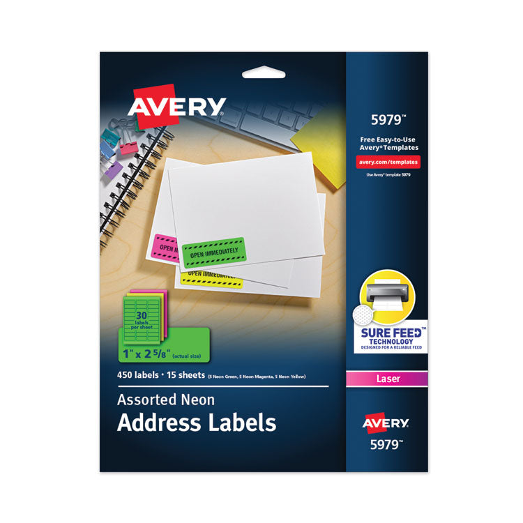 Avery - High-Visibility Permanent Laser ID Labels, 1 x 2 5/8, Asst. Neon, 450/Pack