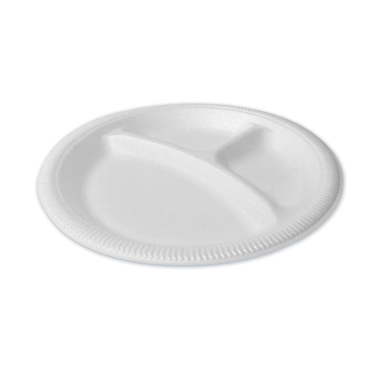 Plastifar - Foam Dinnerware, Plate, 3-Compartment, 9" dia, Poly Bag, White, 125/Sleeve, 4 Sleeves/Bag, 1 Bag/Pack