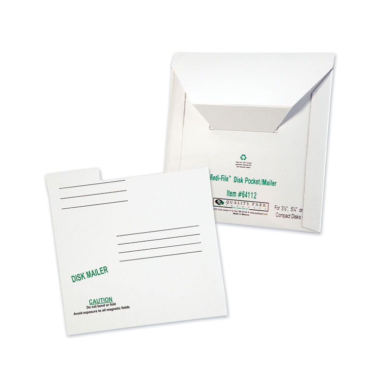 Quality Park - Redi-File Disk Pocket/Mailer for CDs/DVDs, Square Flap, Tuck-Tab Closure, 6 x 5.88, White, 10/Pack