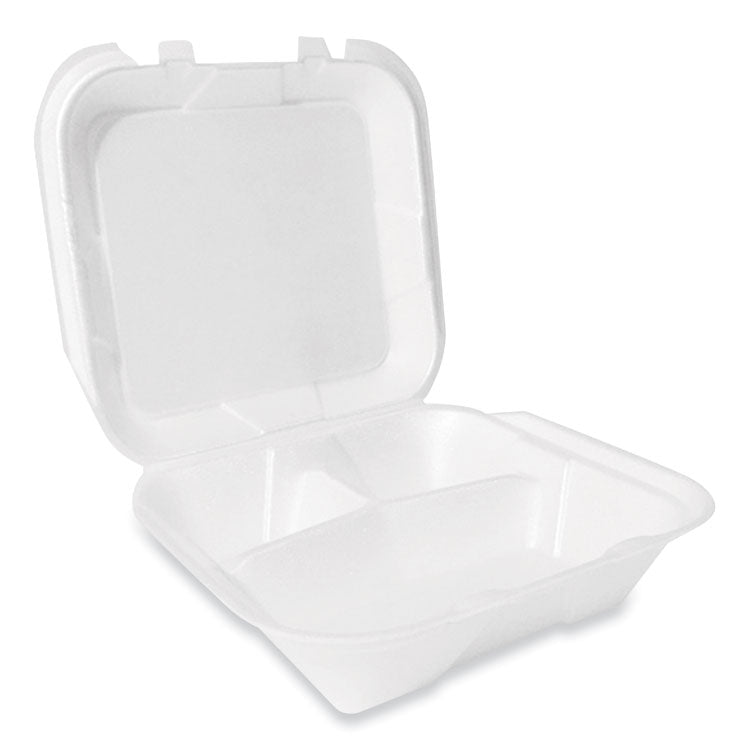 Plastifar - Foam Hinged Lid Container, Secure Two Tab Latch, Poly Bag, 3-Compartment, 9 x 9 x 3, White, 100/Bag, 2 Bags/Carton