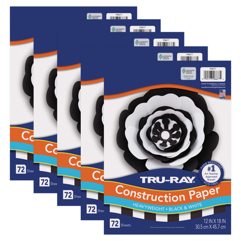 TRU-RAY - Premium Construction Paper, Black & White, 12" x 18", 72 sheets Per Pack, 5 Packs