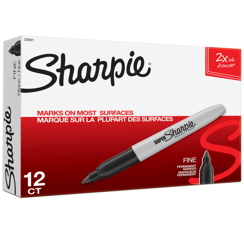 SHARPIE - Super Sharpie® Permanent Markers, Fine Point, Black, Box of 12