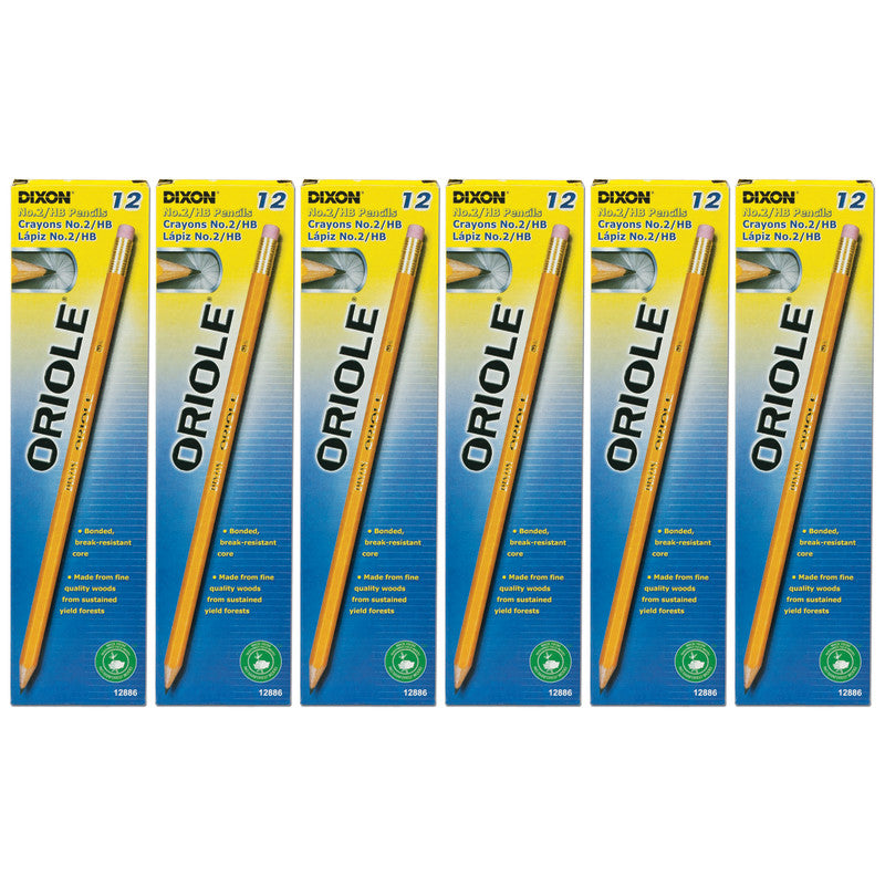 DIXON - Oriole® Wood-Cased Pencils, #2 HB Soft, Pre-Sharpened, Yellow, 12 Per Pack, 6 Packs