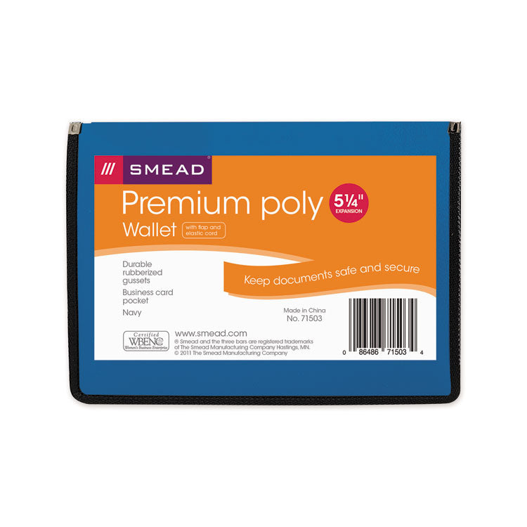 Smead - Poly Premium Wallets, 5.25" Expansion, 1 Section, Elastic Cord Closure, Letter Size, Navy Blue