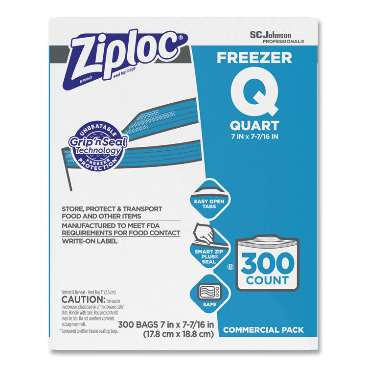 Ziploc - Double Zipper Freezer Bags, 1 qt, 2.7 mil, 7" x 7.75", Clear, 300/Carton