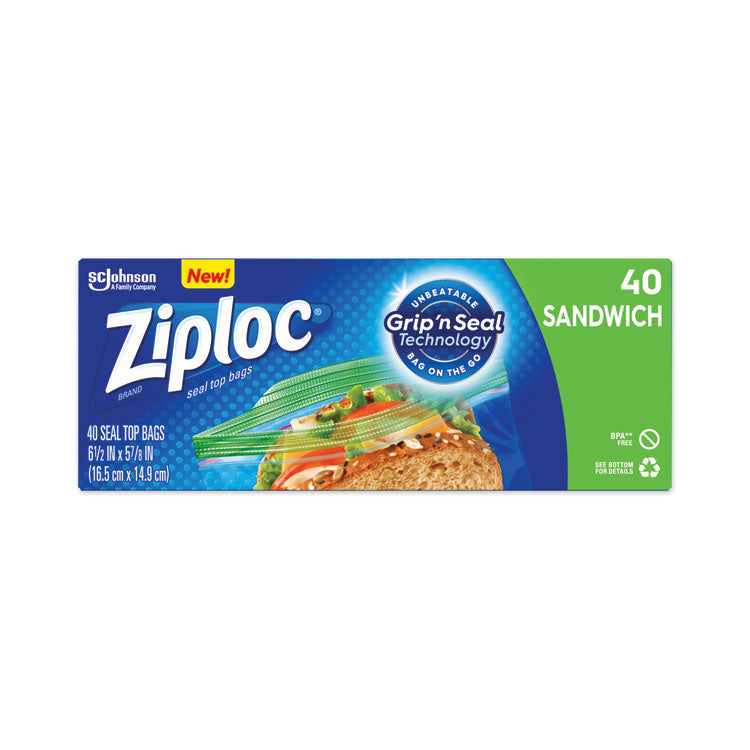 Ziploc - Resealable Sandwich Bags, 1.2 mil, 6.5" x 5.88", Clear, 40/Box